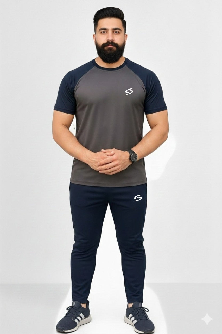 Men’s Dry-Fit Tracksuit-Olive Grey/Navy Blue combo#158 - Superwear