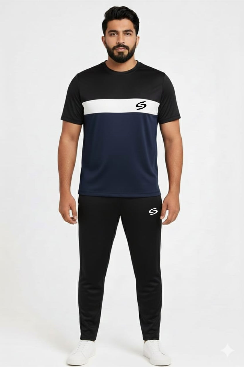 Men’s Dry-Fit Tracksuit-Navy Blue/White/Black Combo #179 - Superwear