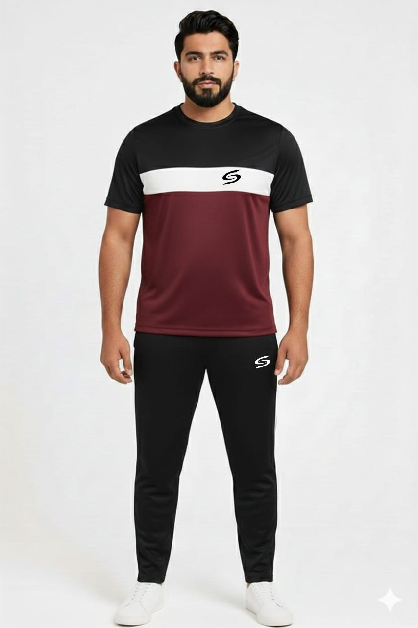 Men’s Dry-Fit Tracksuit-Maroon/White/Black Combo #180 - Superwear