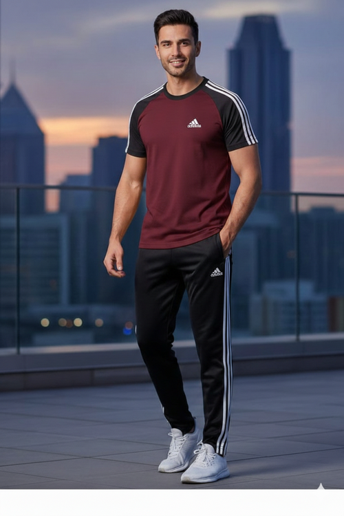 Men’s Dry-Fit Tracksuit-Adi Style-Maroon/Black Combo#198 - Superwear